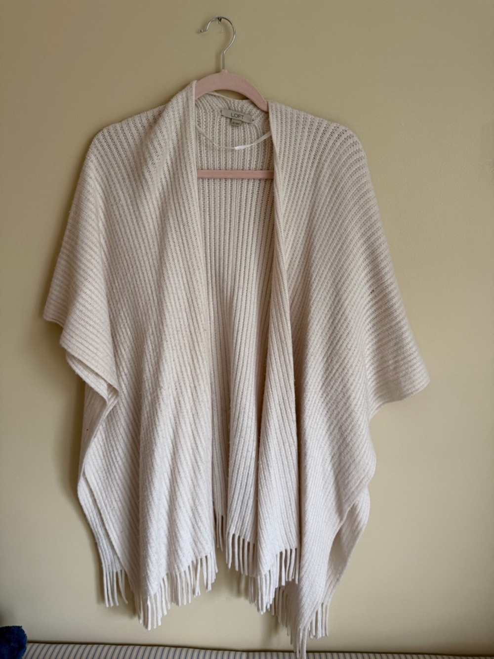 LOFT Cream Ribbed Fringe Poncho